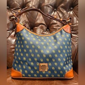 EUC Dooney & Bourke Navy Blue Coated Canvas & Brown Leather Women's Shoulder Bag